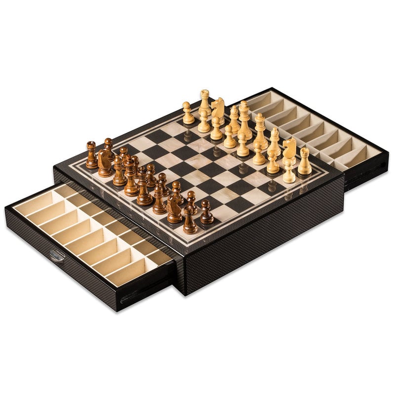 MH Chess Set - Carbon Fiber & MOP w/Drawers