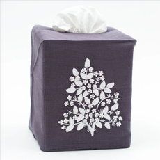 MH Tissue Box Cover - Jardin - White on Navy -  ItalianLinen