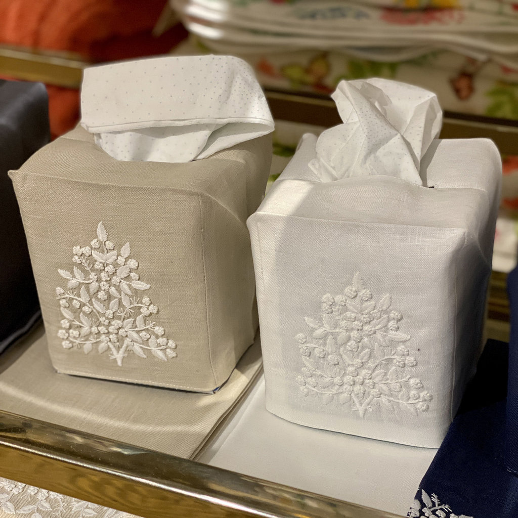 MH Tissue Box Cover - Jardin - White on Taupe -  ItalianLinen