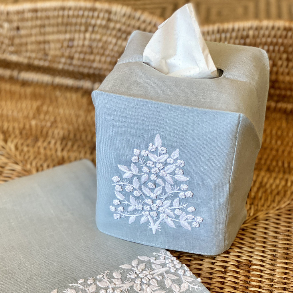 MH Tissue Box Cover - Jardin - White on Blue Sky -  ItalianLinen