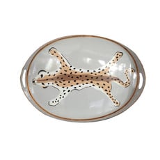 MH Tray - Handled - Tole/Oval - Leopard - Small - Grey - 20x14x2.5