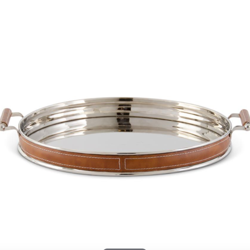 Tray - Round - Silver w/Brown Leather - 18.5 inch