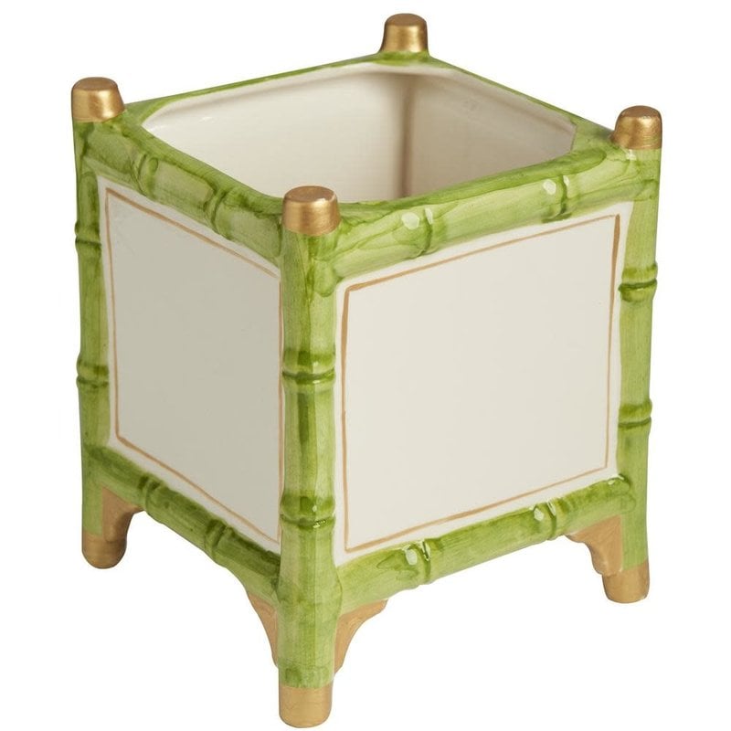 MH Cachepot - Bamboo - White with Green & Gold Accents