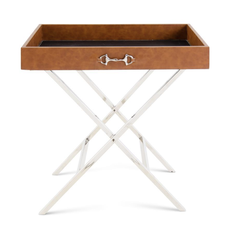 Side Table/Bar Cart with Removable Tray  in Tan Leather