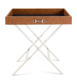 Side Table/Bar Cart with Removable Tray  in Tan Leather