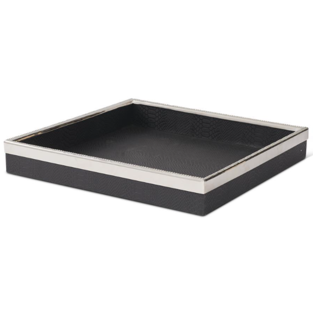 Tray - Square w/Silver Trim- Leather - 16.5" - Black