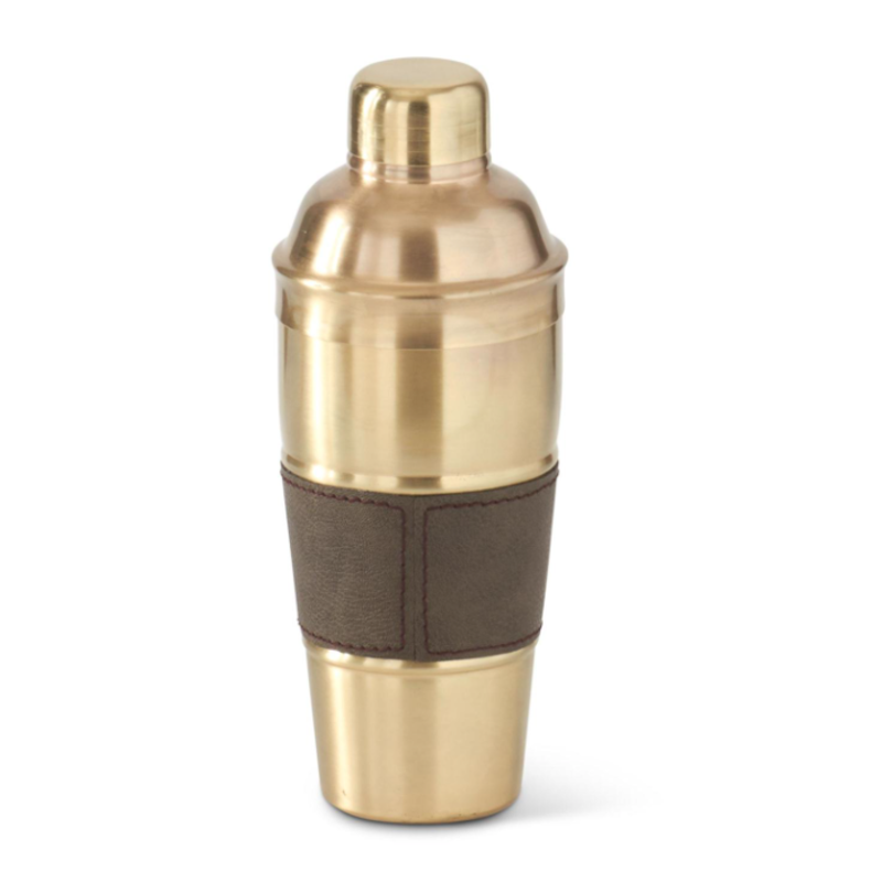 Cocktail Shaker - Gold Metal with Brown Leather - 9.25"