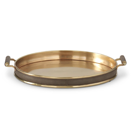 Tray - Round - Gold Metal w/Brown Leather -18.5"