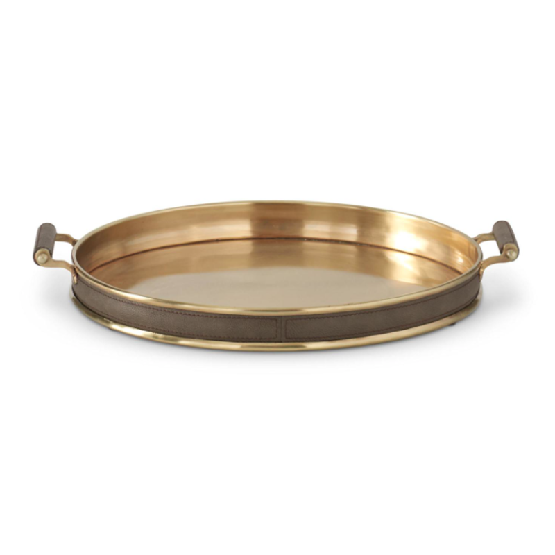 Tray - Round - Gold Metal w/Brown Leather -18.5"