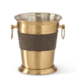 Wine Bucket - Gold Metal with Brown Leather - 10"