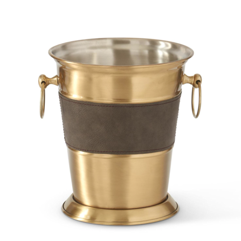 Wine Bucket - Gold Metal with Brown Leather - 10"
