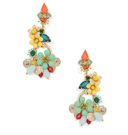 Earrings - Colorful Flower and Crystal Drop - Mint