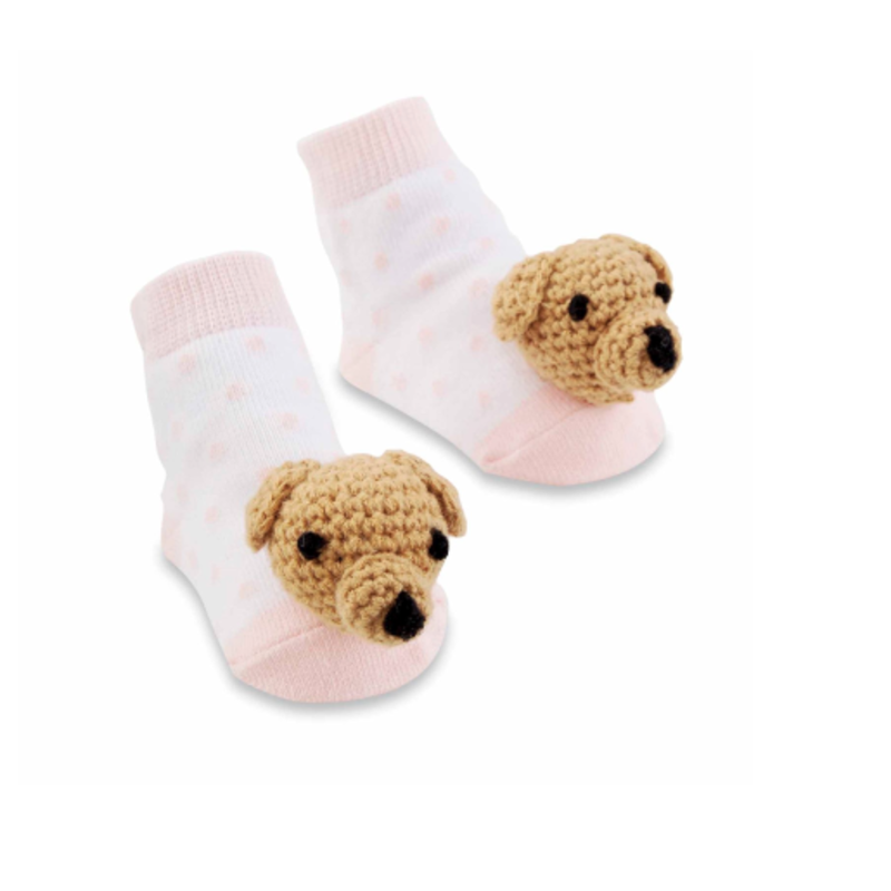 Baby Socks - Dog Rattle - Pink - 0-12M