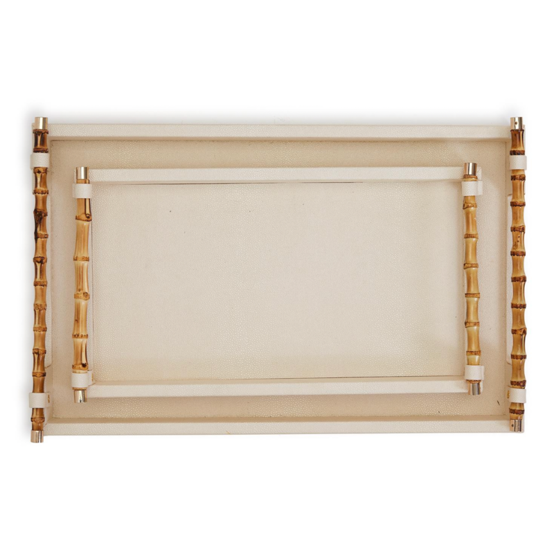 Tray - Faux Stingray/Leather - Cream - Bamboo Handles - 14w x 22dx 2"h
