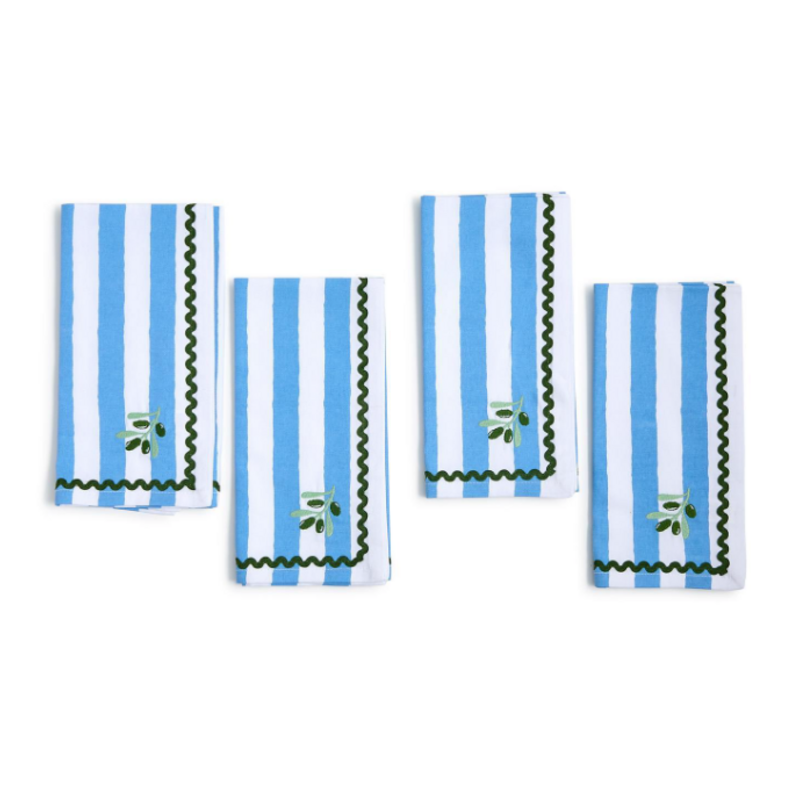 Dinner Napkin - Cloth - Embroidered Olive - Blue/White - S/4