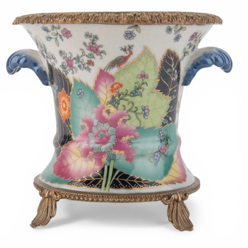 Cachepot - Round - Ormolu Base - Tobacco Leaf - 6x5.5x5.5H