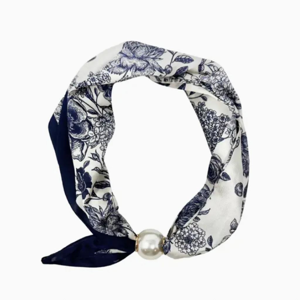 Collar Scarf - Floral -  White/Navy