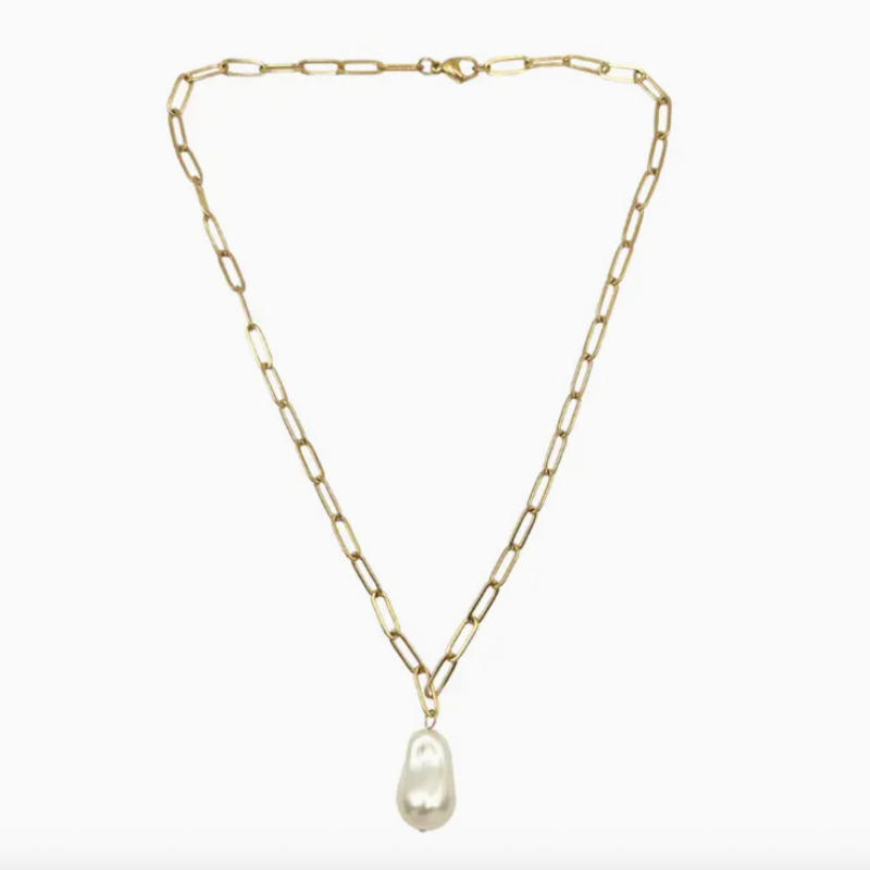 Necklace - Paperclip - Pearl Nugget - Gold