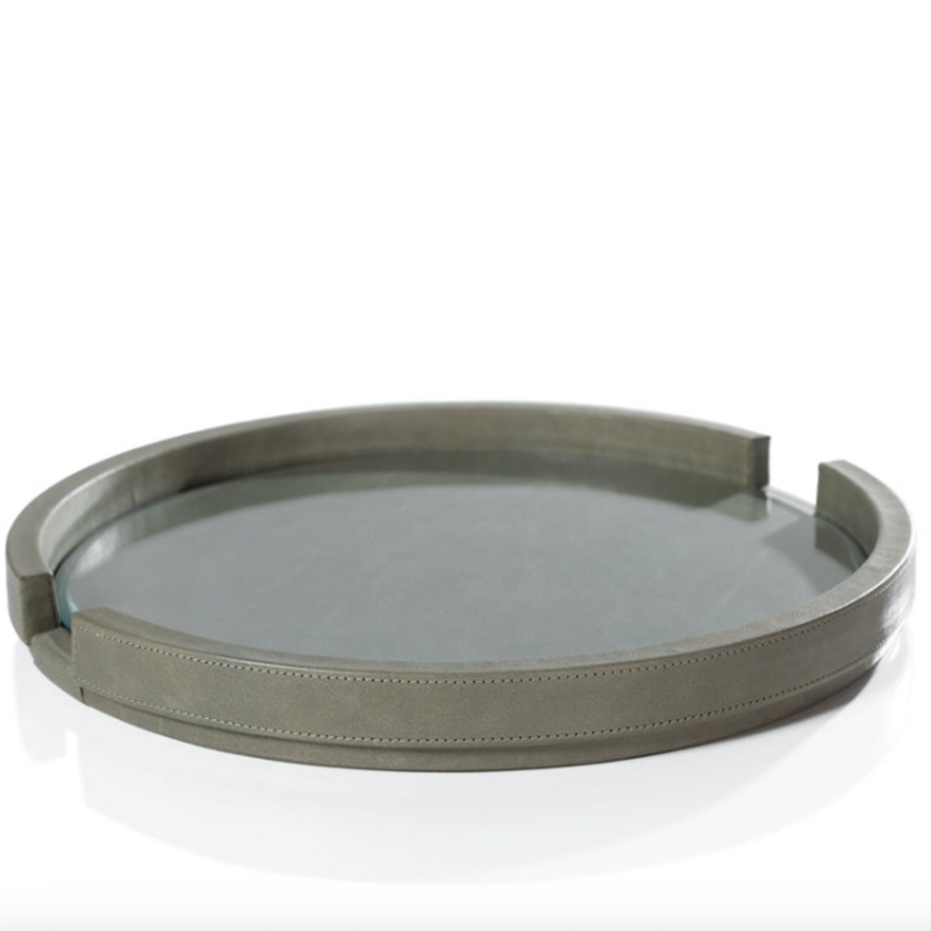 Tray - Round Leather with Glass Insert - Sage - 15"