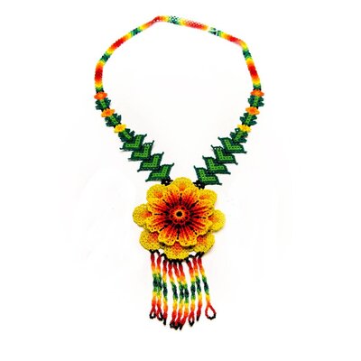 Huichol 3d Beaded Peyote Flower Necklace