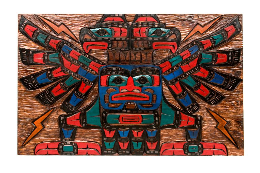 SOLD  Wooden Table with Thunderbird Carved on Top