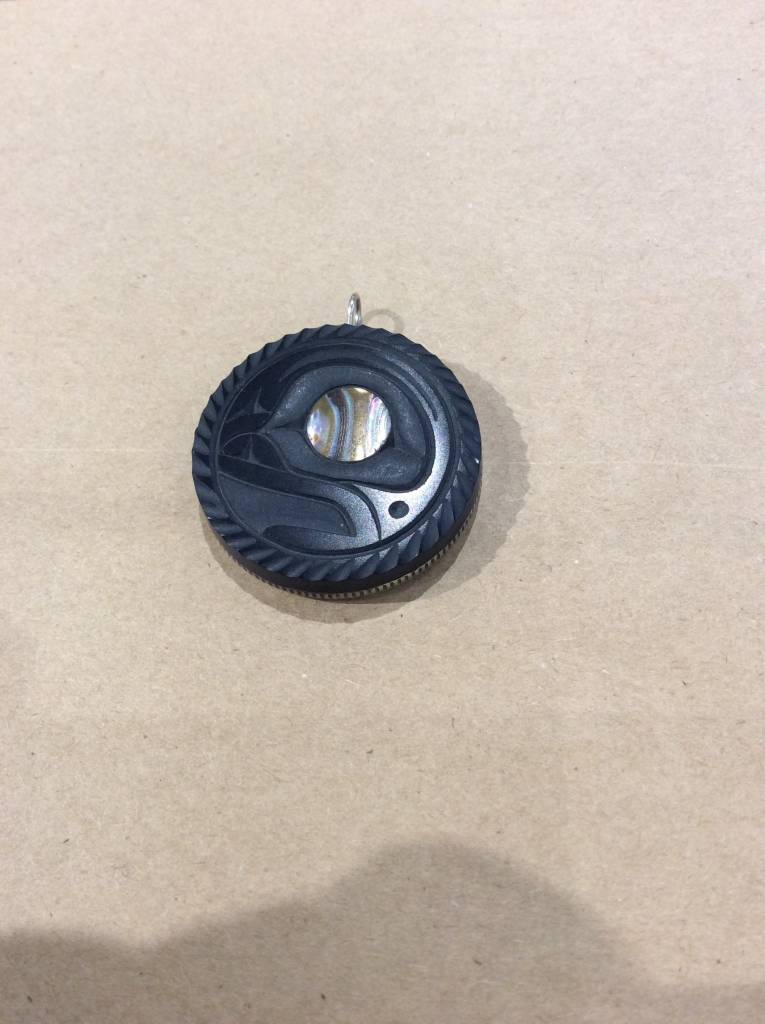 SOLD Moon Argillite Pendant with Silver Nishga Dollar