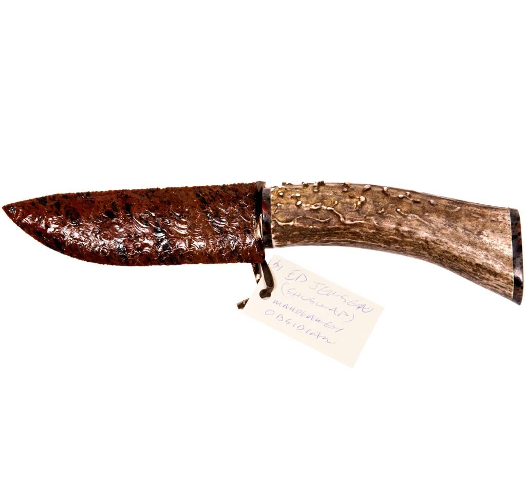 Handmade stone knife - mahogany obsidian, deer antler