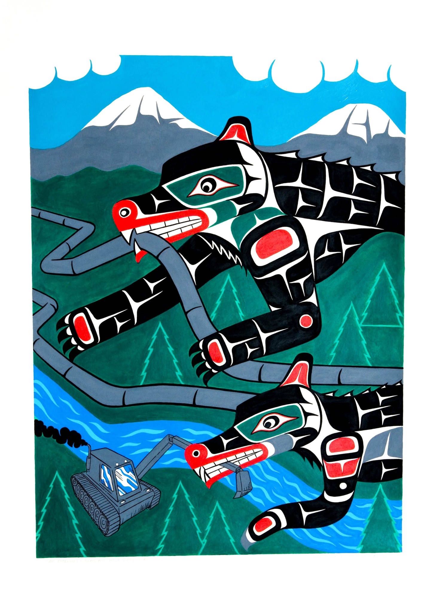 No pipelines - Bear and Wolf defenders' Painting by Gord Hill
