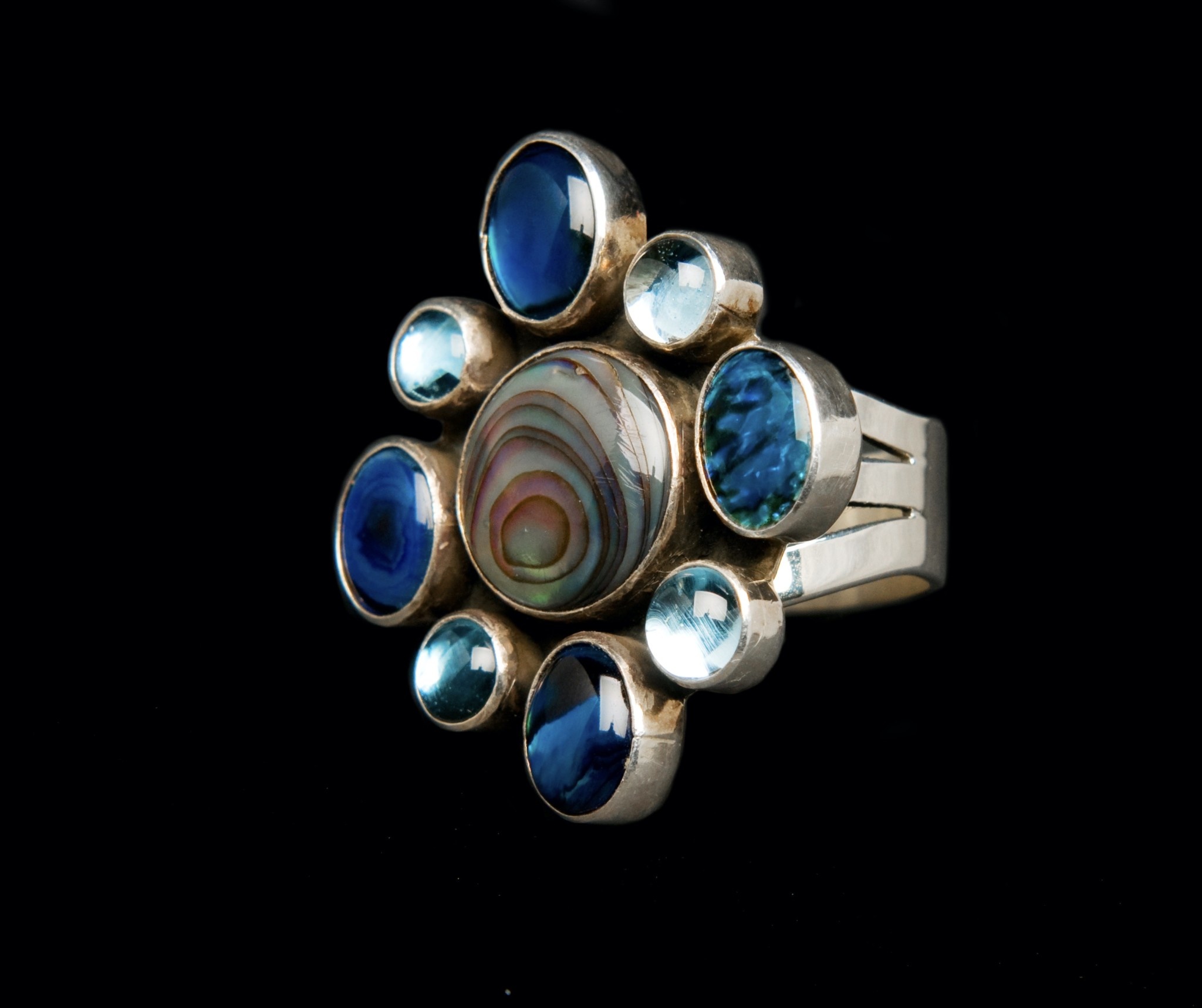 Abalone and Blue Topaz Navajo Cluster Ring