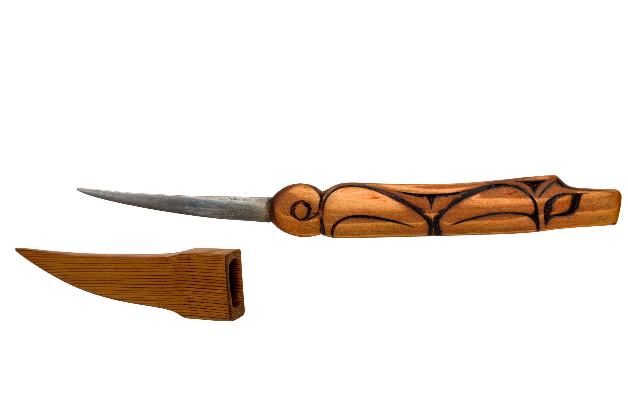 Knife with Carved Wolf Handle and Carved Sheath