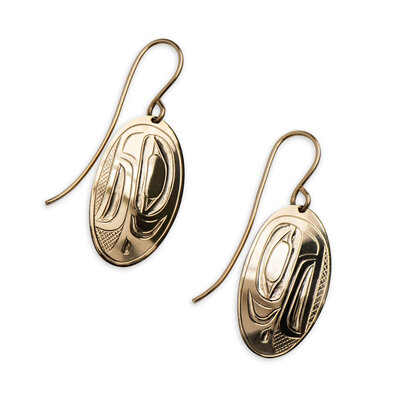 SOLD  14 kt Gold Gitxsan Raven Earrings