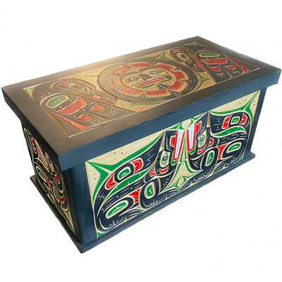 CUSTOM ORDER Bentwood Box - Wolves, Raven and Sun