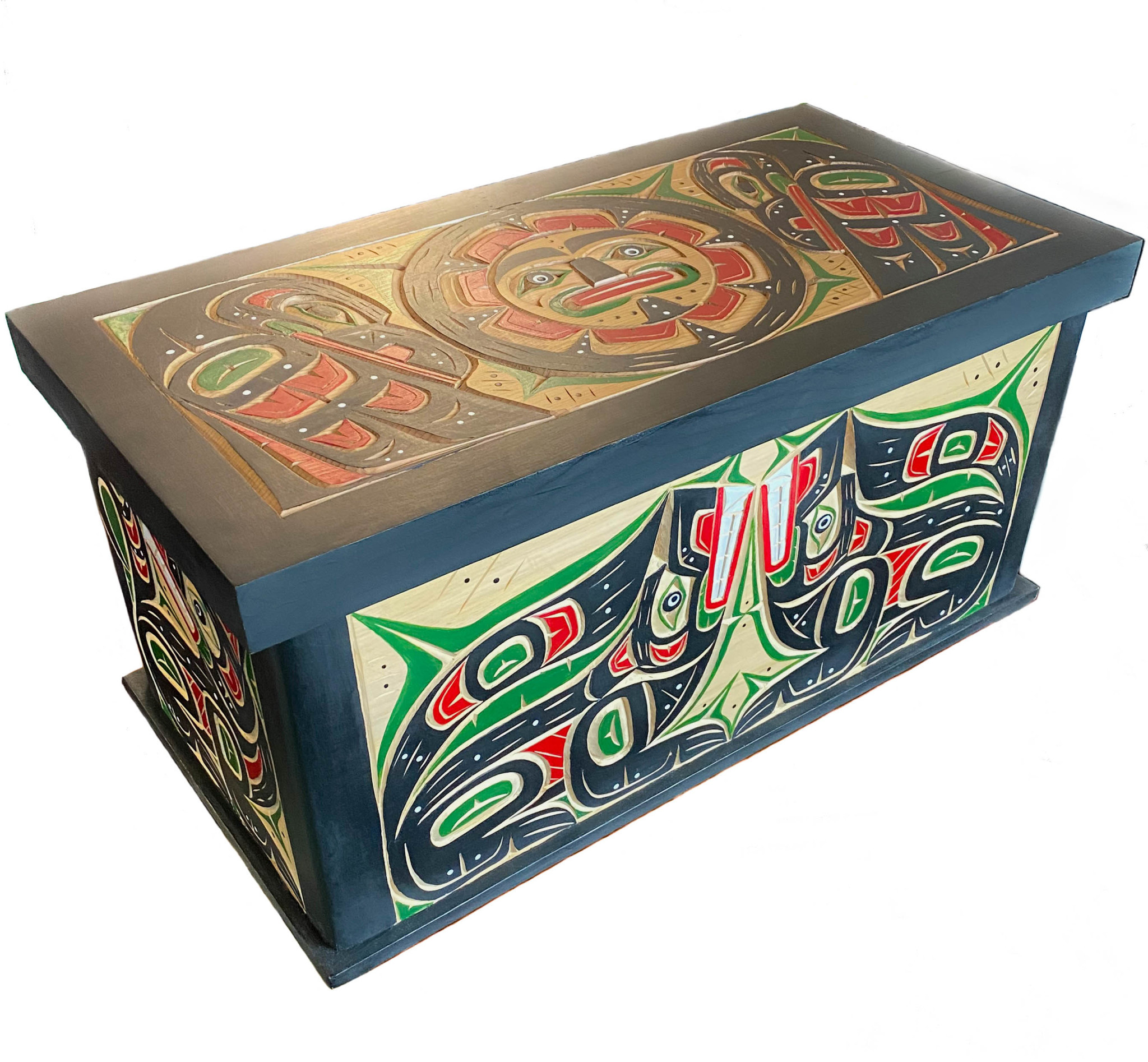 CUSTOM ORDER  Bentwood Box - Wolves, Raven and Sun