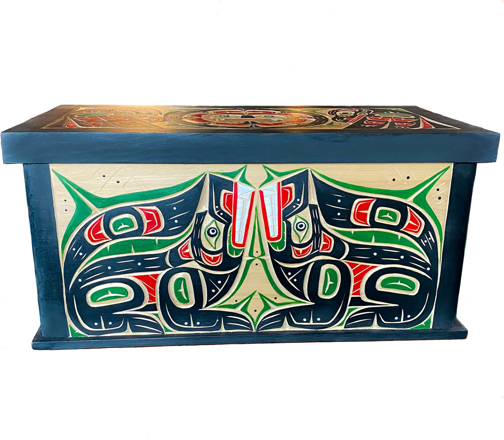 CUSTOM ORDER  Bentwood Box - Wolves, Raven and Sun