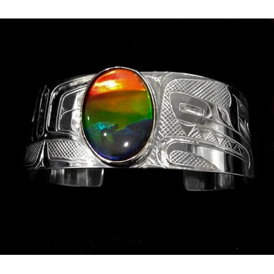 SOLD  Silver and AAA Ammolite 1" Tsimshian Wolf Bracelet