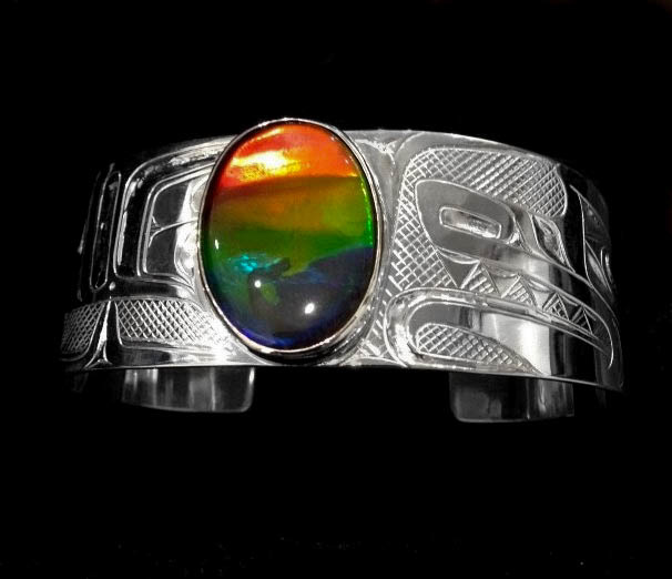 SOLD  Silver and AAA Ammolite 1" Tsimshian Wolf Bracelet