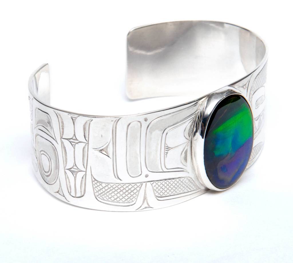SOLD  Silver and AAA Ammolite 1" Tsimshian Wolf Bracelet