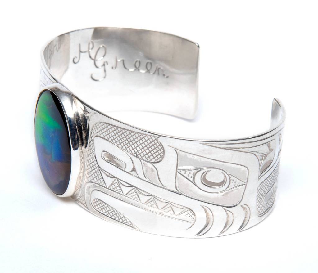 SOLD  Silver and AAA Ammolite 1" Tsimshian Wolf Bracelet