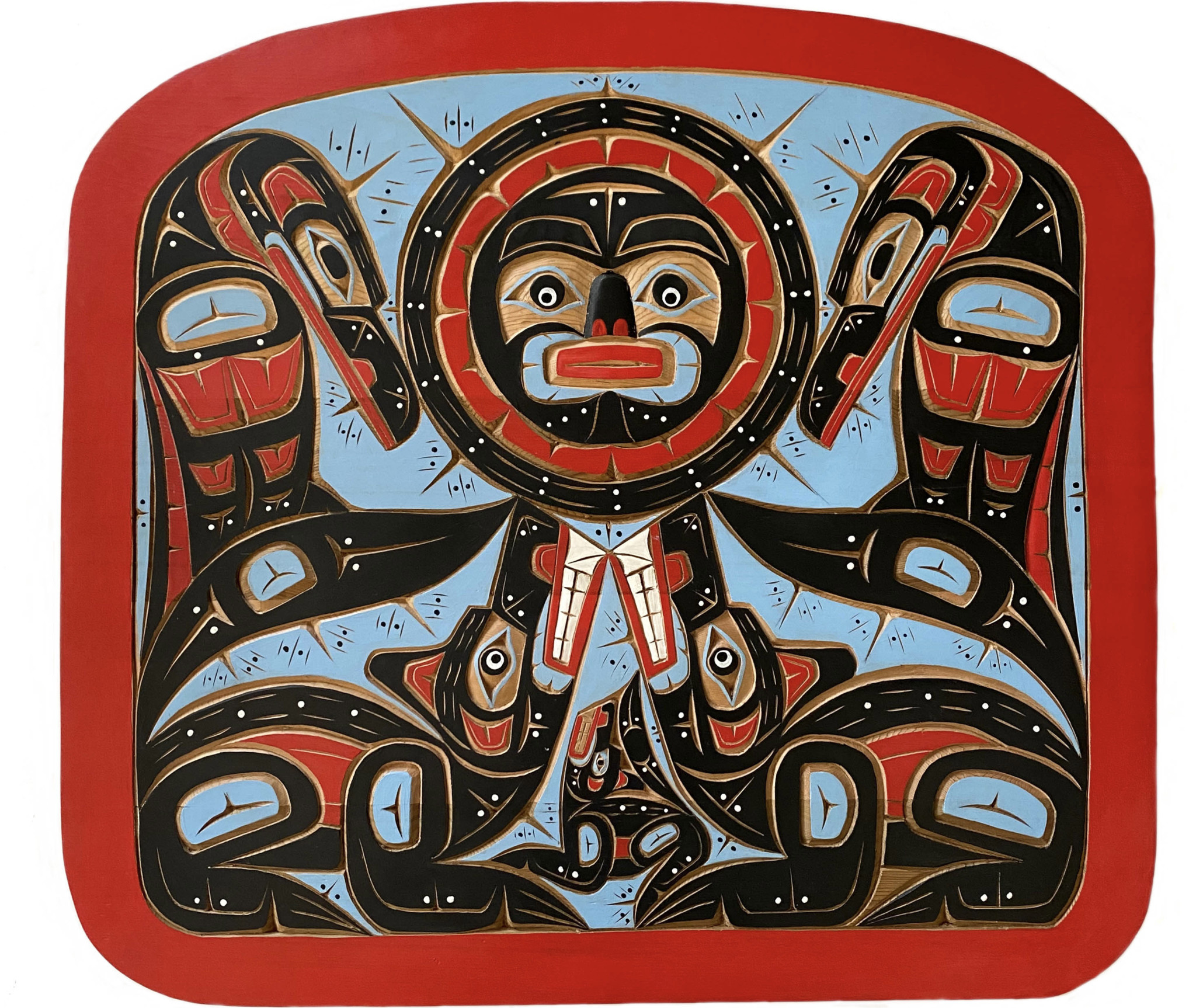 SOLD  Raven with Sun and Wolf Family Panel