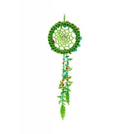 Green Beaded Dreamcatcher with Turquoise and Coral Stones.