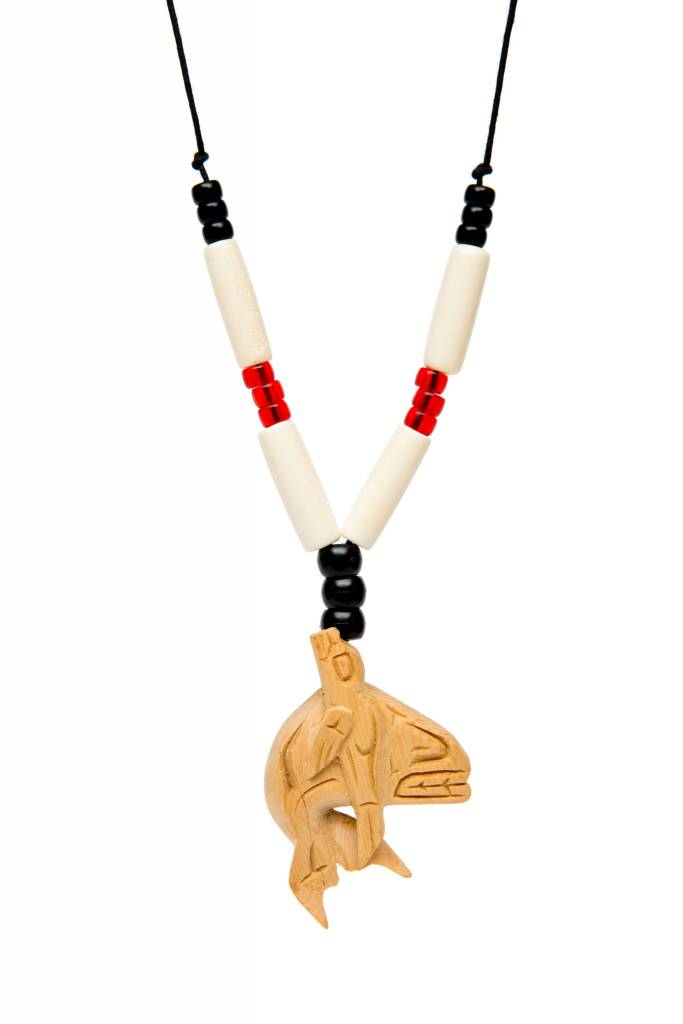 Necklaces with Bone Beads, Silver and Glass Beads, and Cedar Carvings
