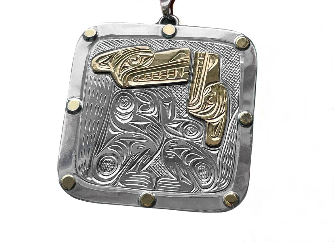 Kwak'wka'wakw Silver with Gold Two Wolves Pendant