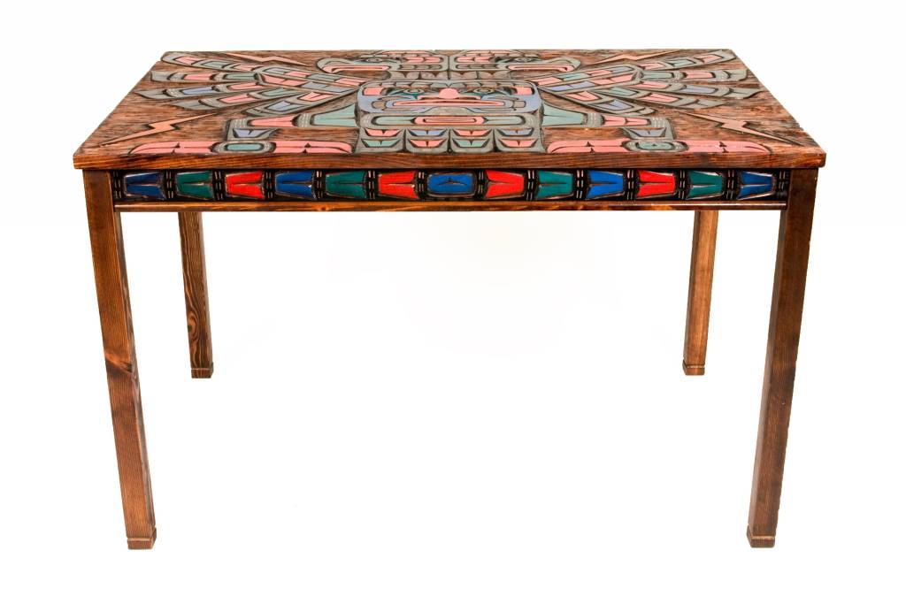SOLD  Wooden Table with Thunderbird Carved on Top