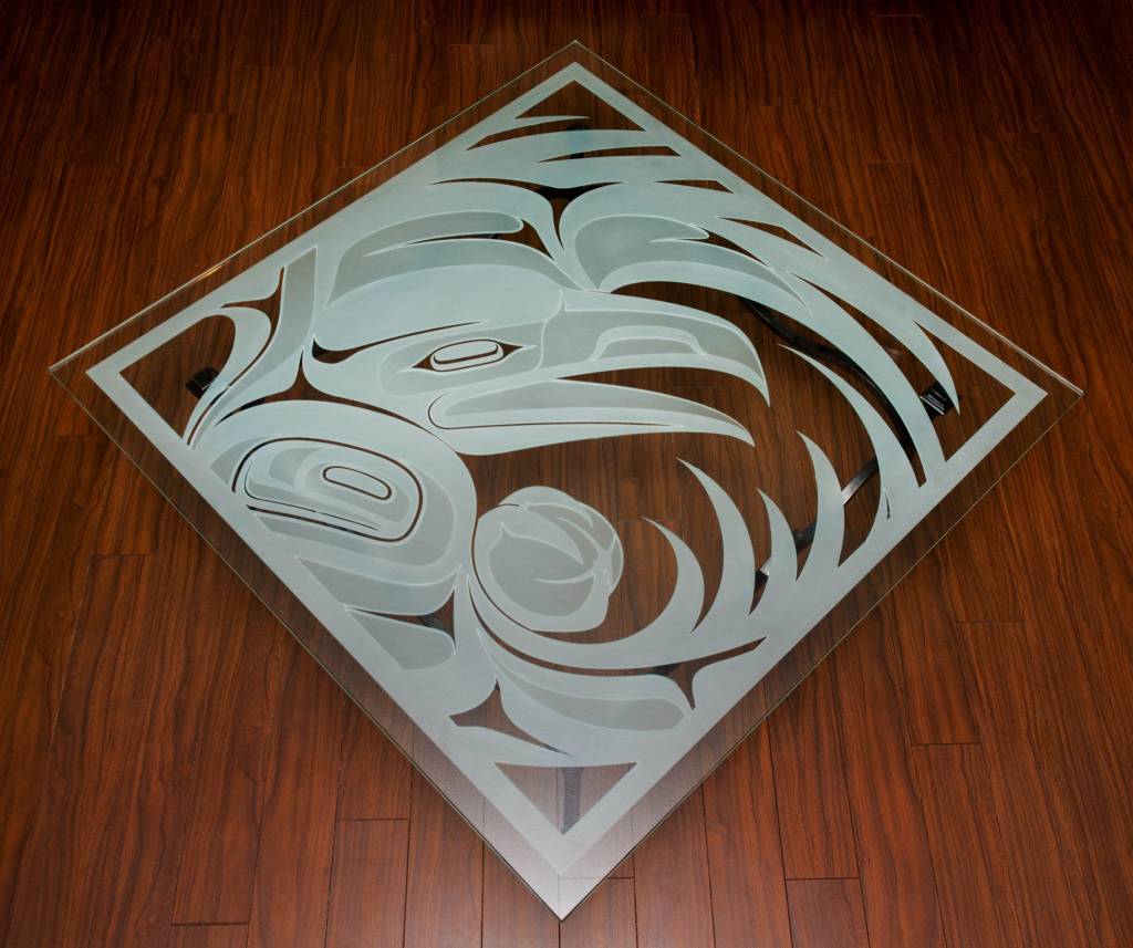 Glass Table with Sandblasted Raven Design by Alano Edzerza (Tahltan).