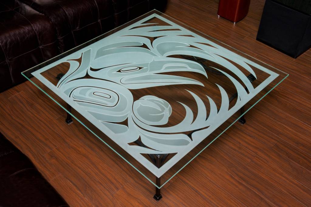Glass Table with Sandblasted Raven Design by Alano Edzerza (Tahltan).