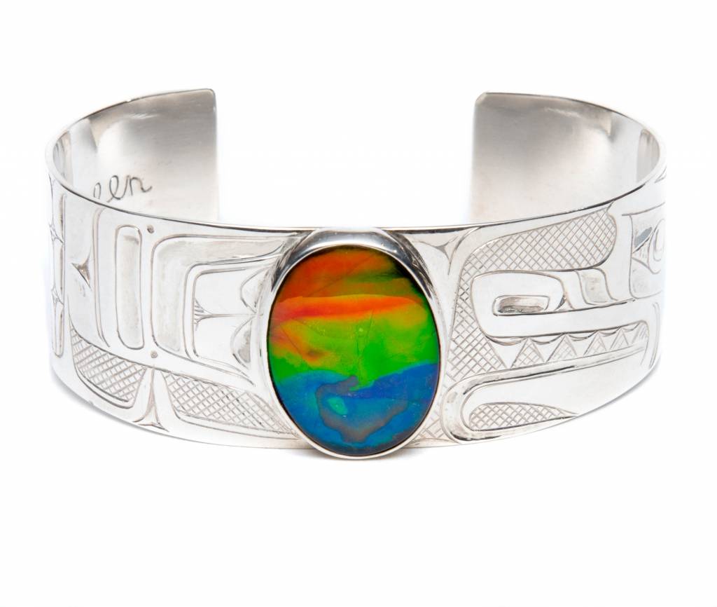 SOLD  Silver and AAA Ammolite 1" Tsimshian Wolf Bracelet