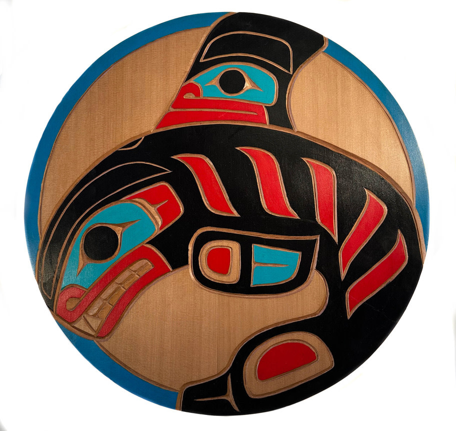 SOLD  Round Coast Salish Orca Panel Carved and Painted by Cody Mathias