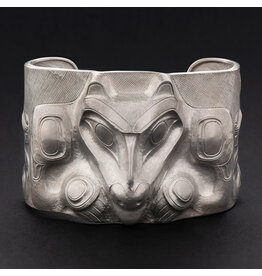 Haida Silver Repousse Wolf Bracelet by Jay Simeon