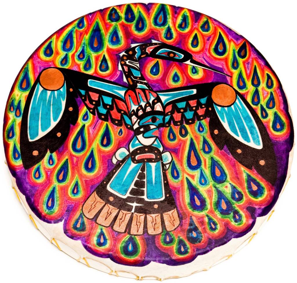 Waterbird Hand Drum painted by Gyauustees (Nuu-chah-nulth).