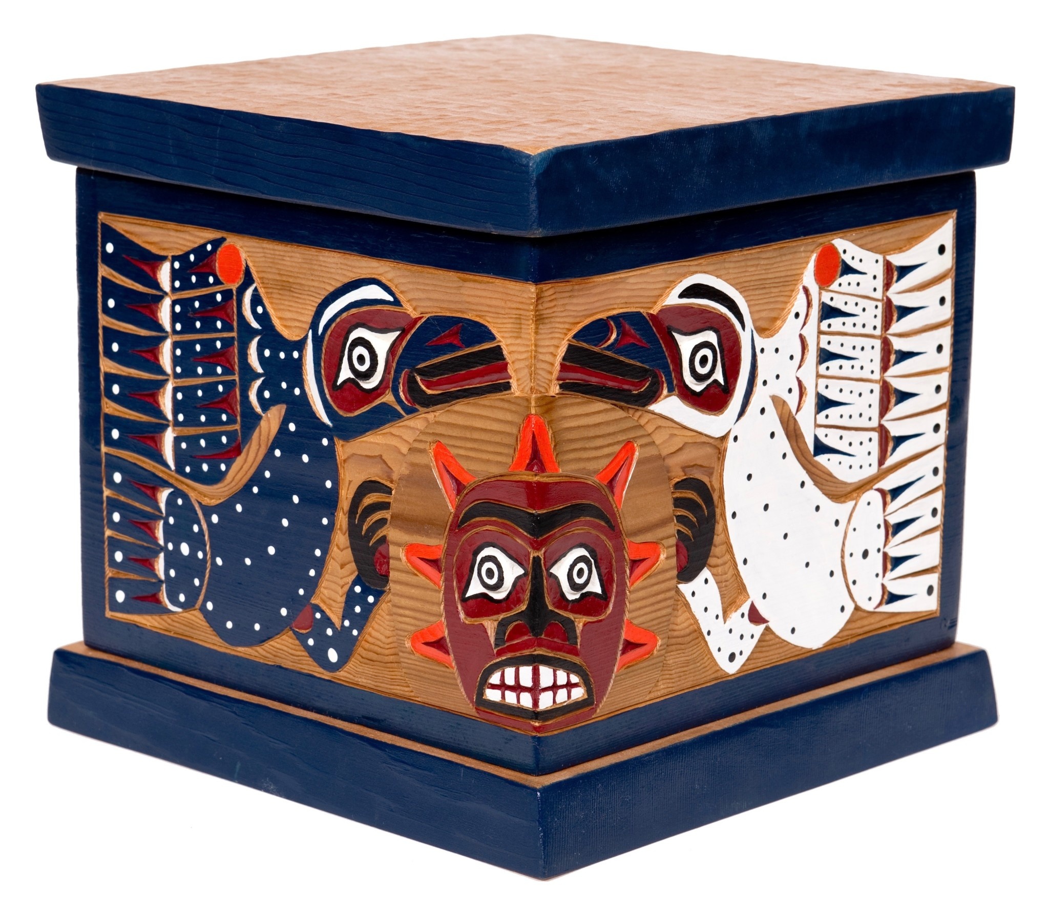 Steam bent box constructed, carved and painted with Traditional Coast Salish design - Frog, Wolf, Human.  10" square.